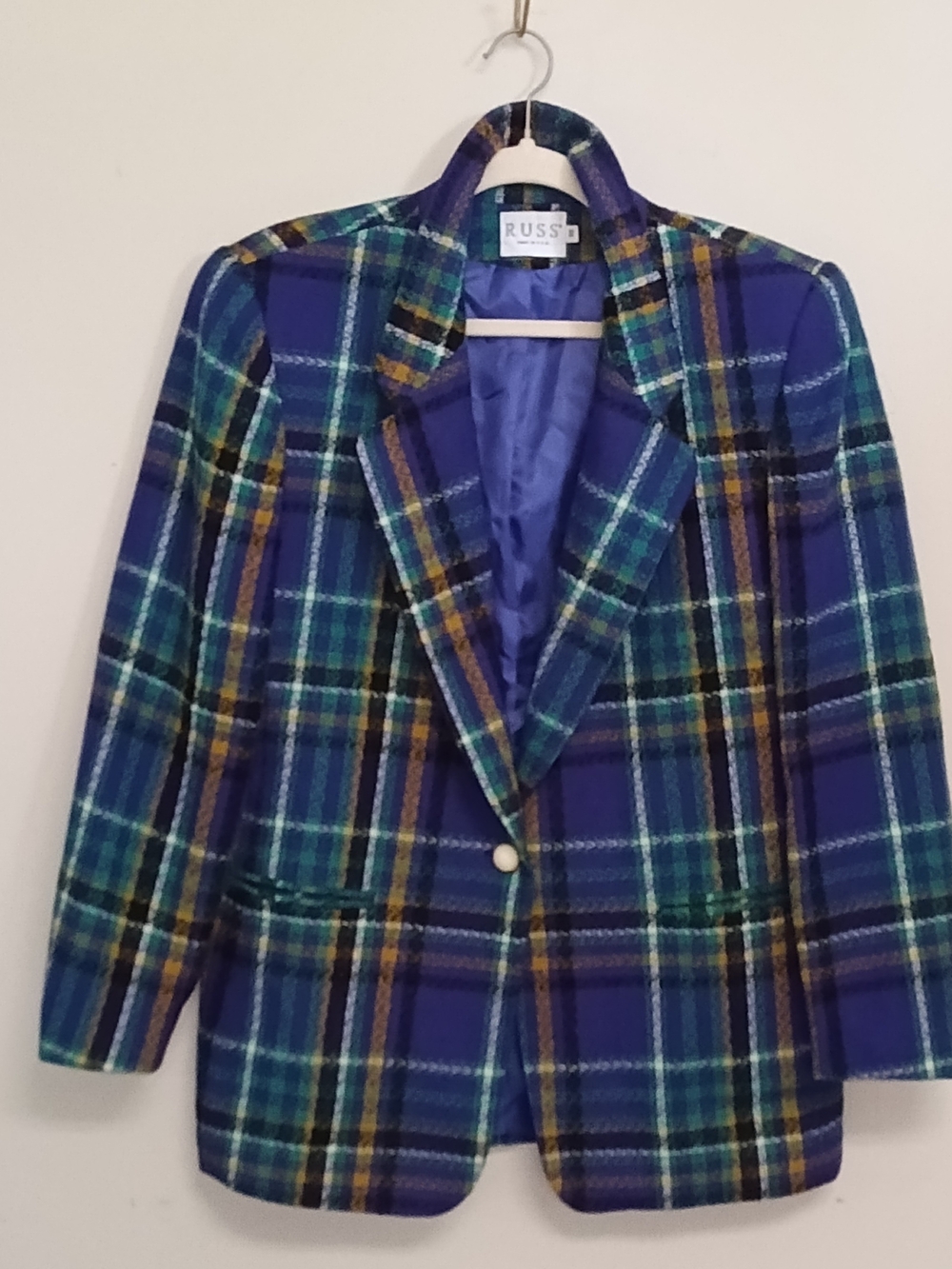 Russ Blue Plaid Tailored One Button Women's Blazer 90's Preppy Classic Size 10